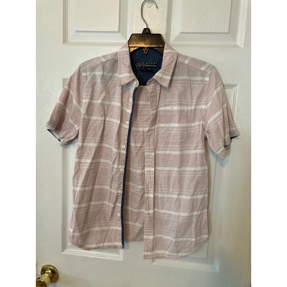 Distortion Boys Pink White Striped Short Sleeve Button Down Shirt Size 14 Cotton